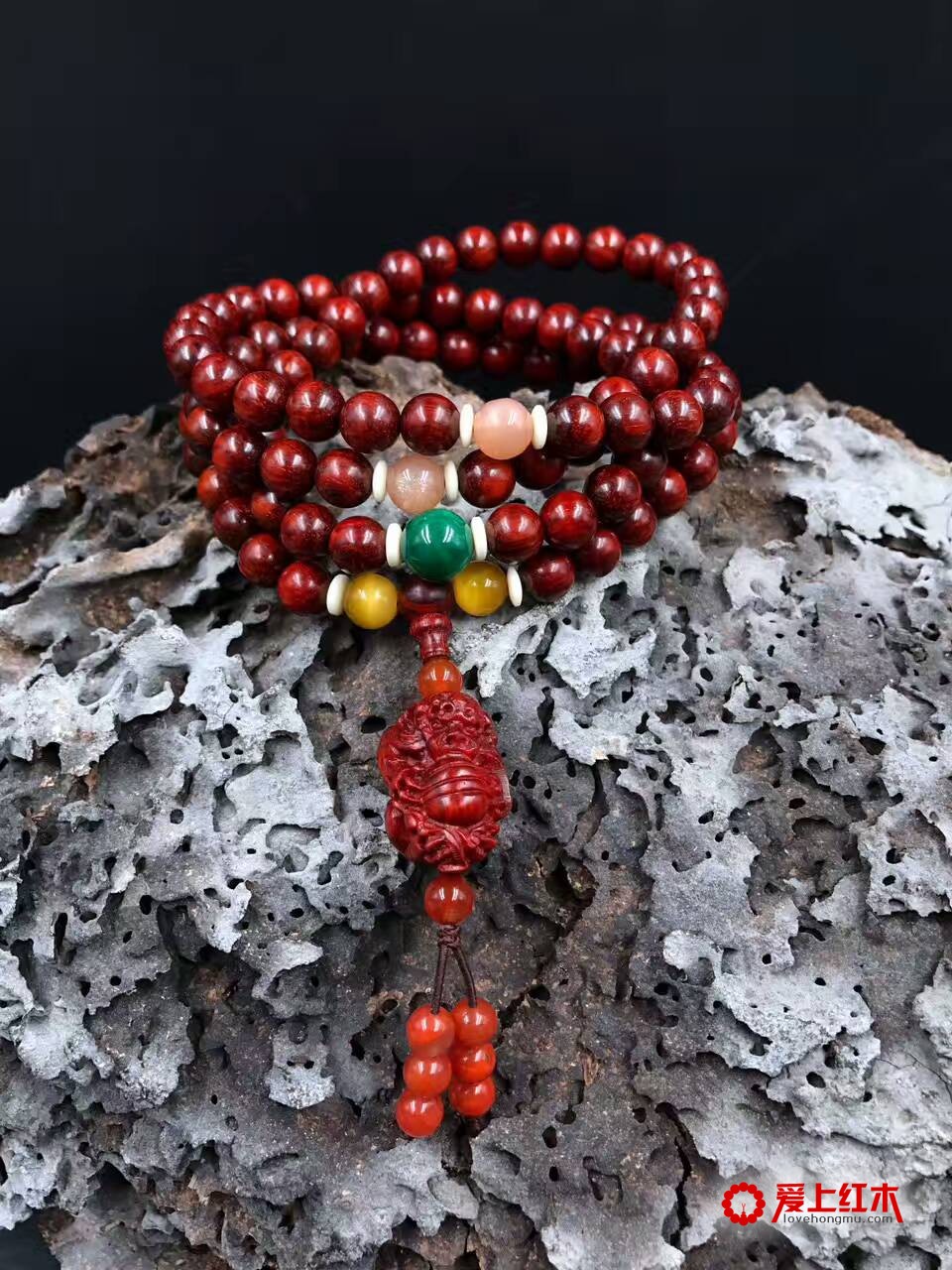 印度小叶紫檀0.8*108玻璃底带细金星手串《事事如意》-1