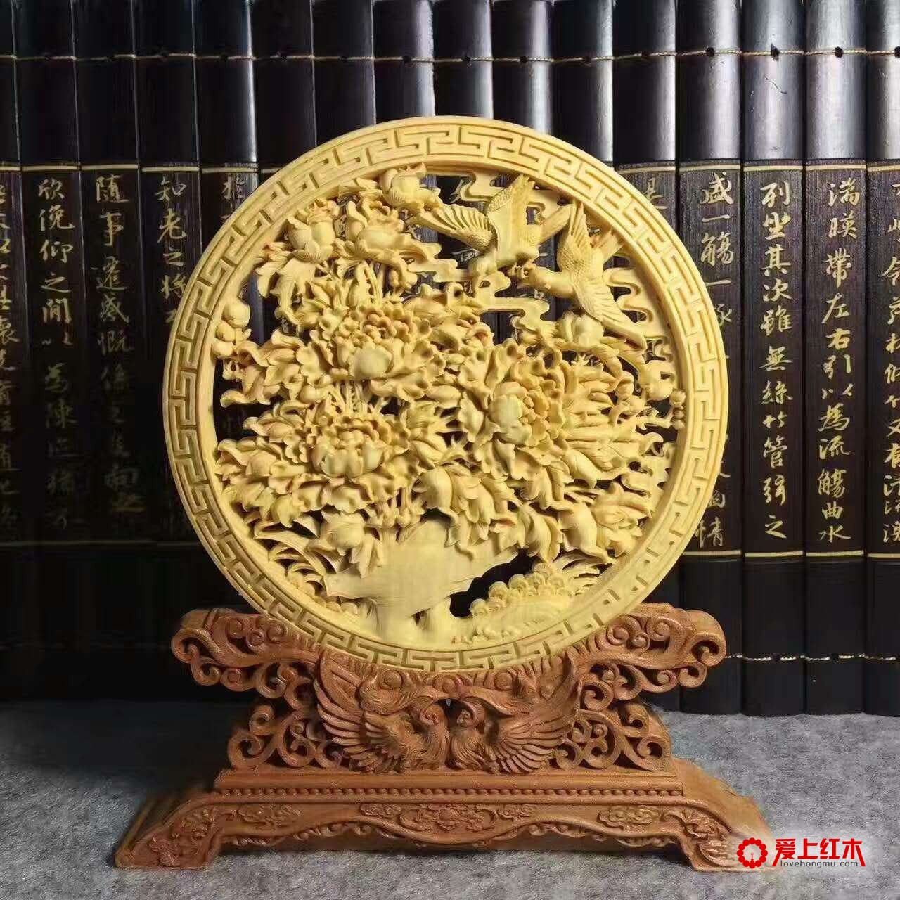 黄杨木精雕镂空版大圆盘对款式精品欣赏-2