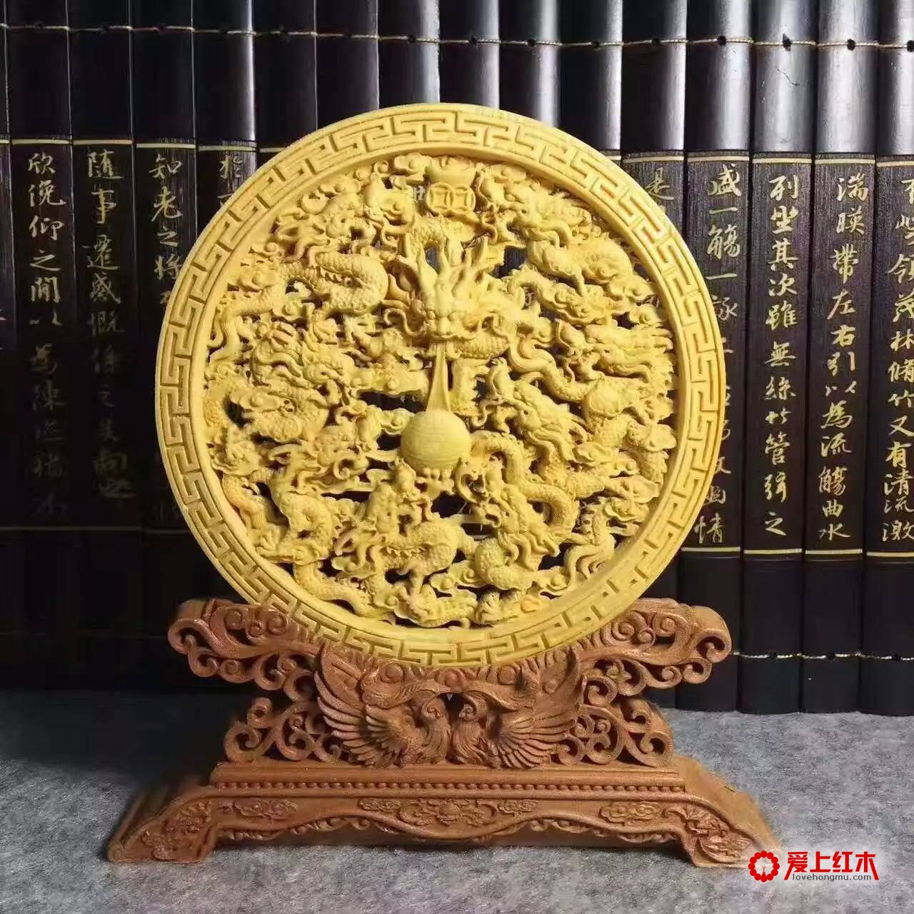 黄杨木精雕镂空版大圆盘对款式精品欣赏-3