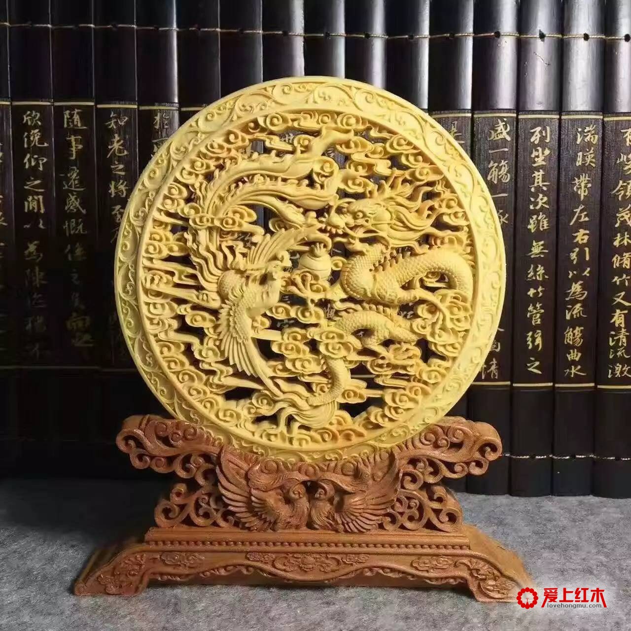 黄杨木精雕镂空版大圆盘对款式精品欣赏-5