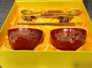 酸枣木龙凤对碗 大漆工艺耐高温工艺细腻