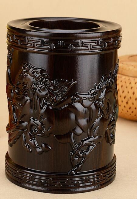 红木中式仿古木雕刻实木文房四宝笔筒办公用品-3