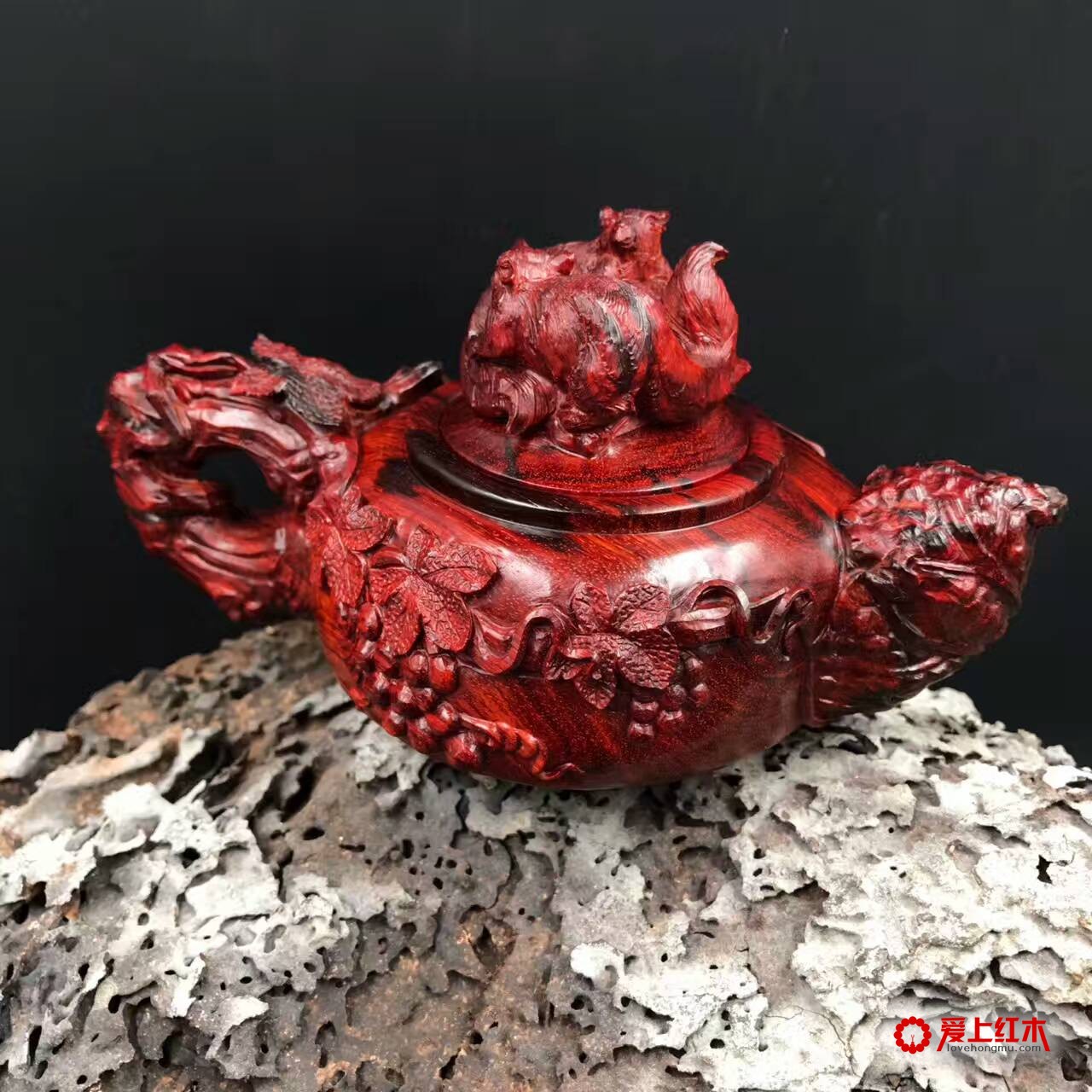 印度小叶紫檀高密度火焰纹手工雕刻摆件壶-3
