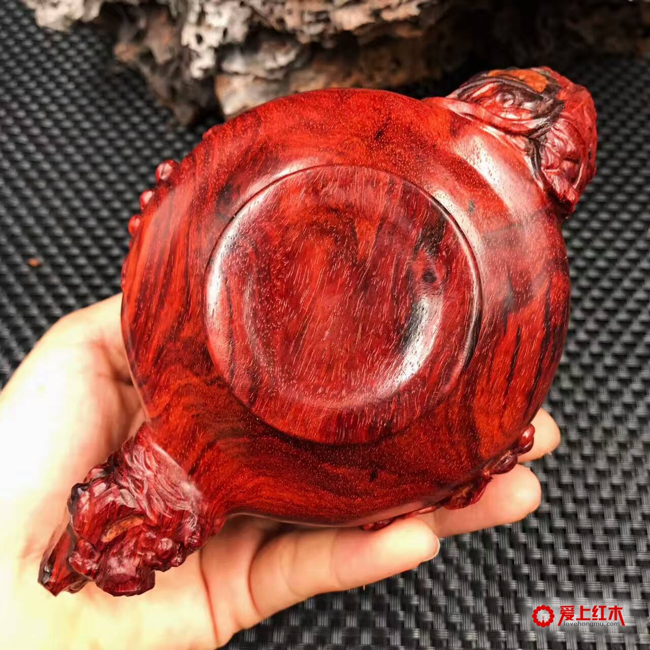 印度小叶紫檀高密度火焰纹手工雕刻摆件壶-5