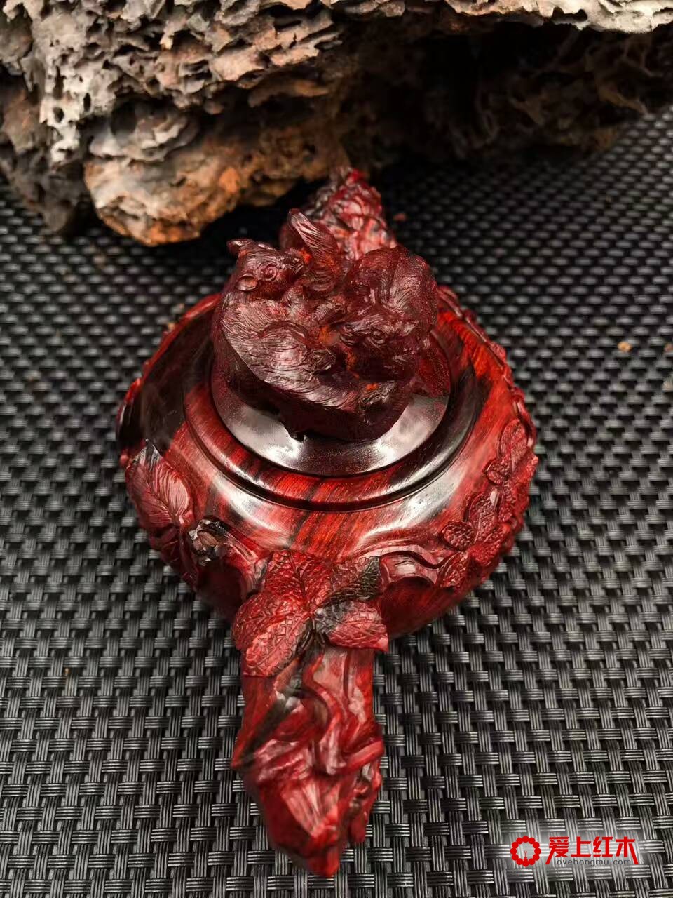 印度小叶紫檀高密度火焰纹手工雕刻摆件壶-6