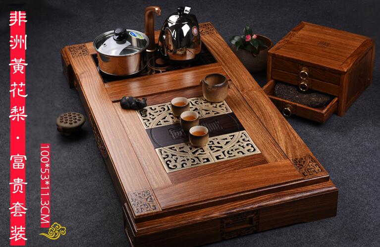功夫茶具黄花梨茶盘 茶海托盘红木鸡翅木排水茶台-3