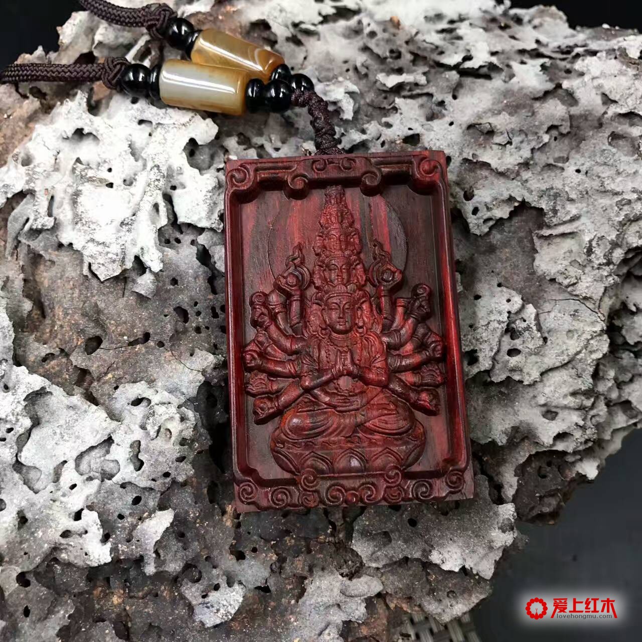 新款印度小叶紫檀千手观音吊坠 立体精雕完美无瑕-5