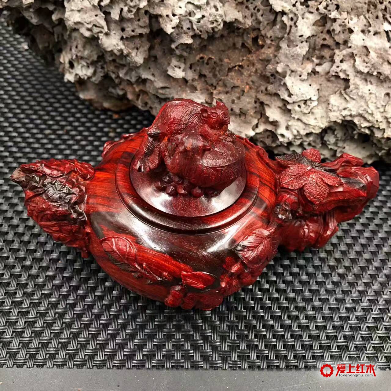 印度小叶紫檀高密度火焰纹手工雕刻摆件壶-1