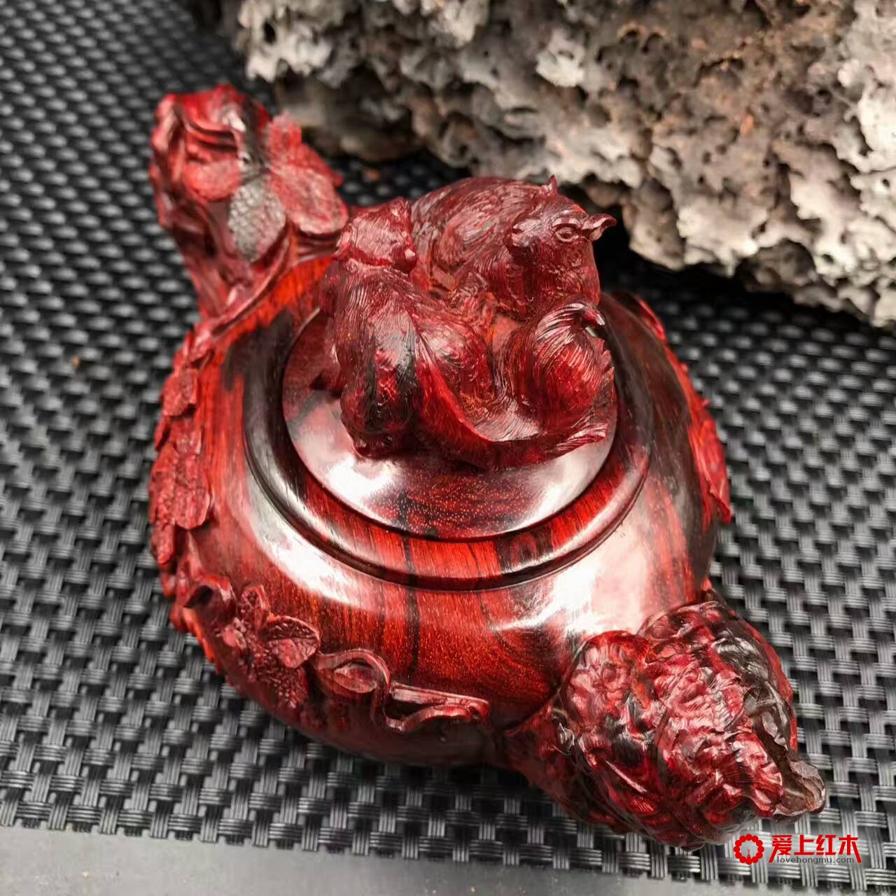 印度小叶紫檀高密度火焰纹手工雕刻摆件壶-2