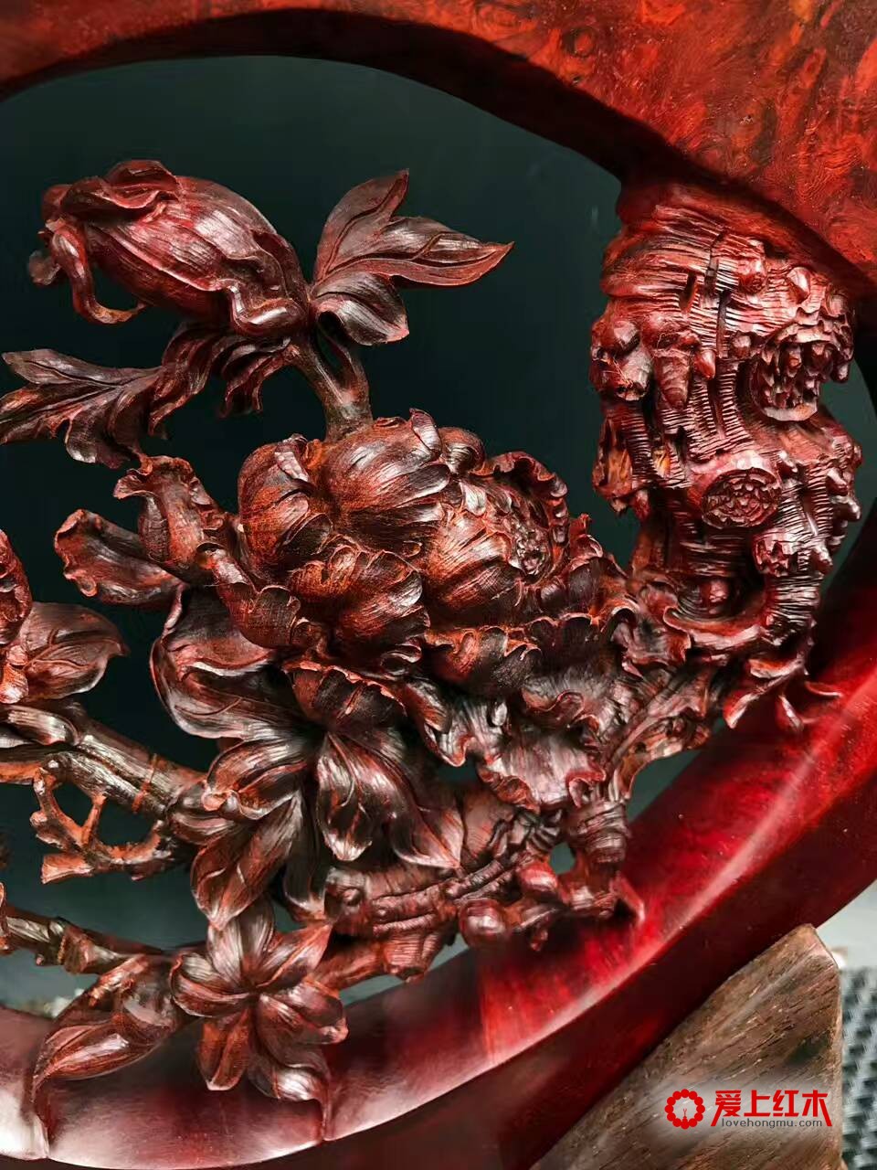 印度小叶紫檀树头瘤料纯手工雕件《繁花似锦》-4
