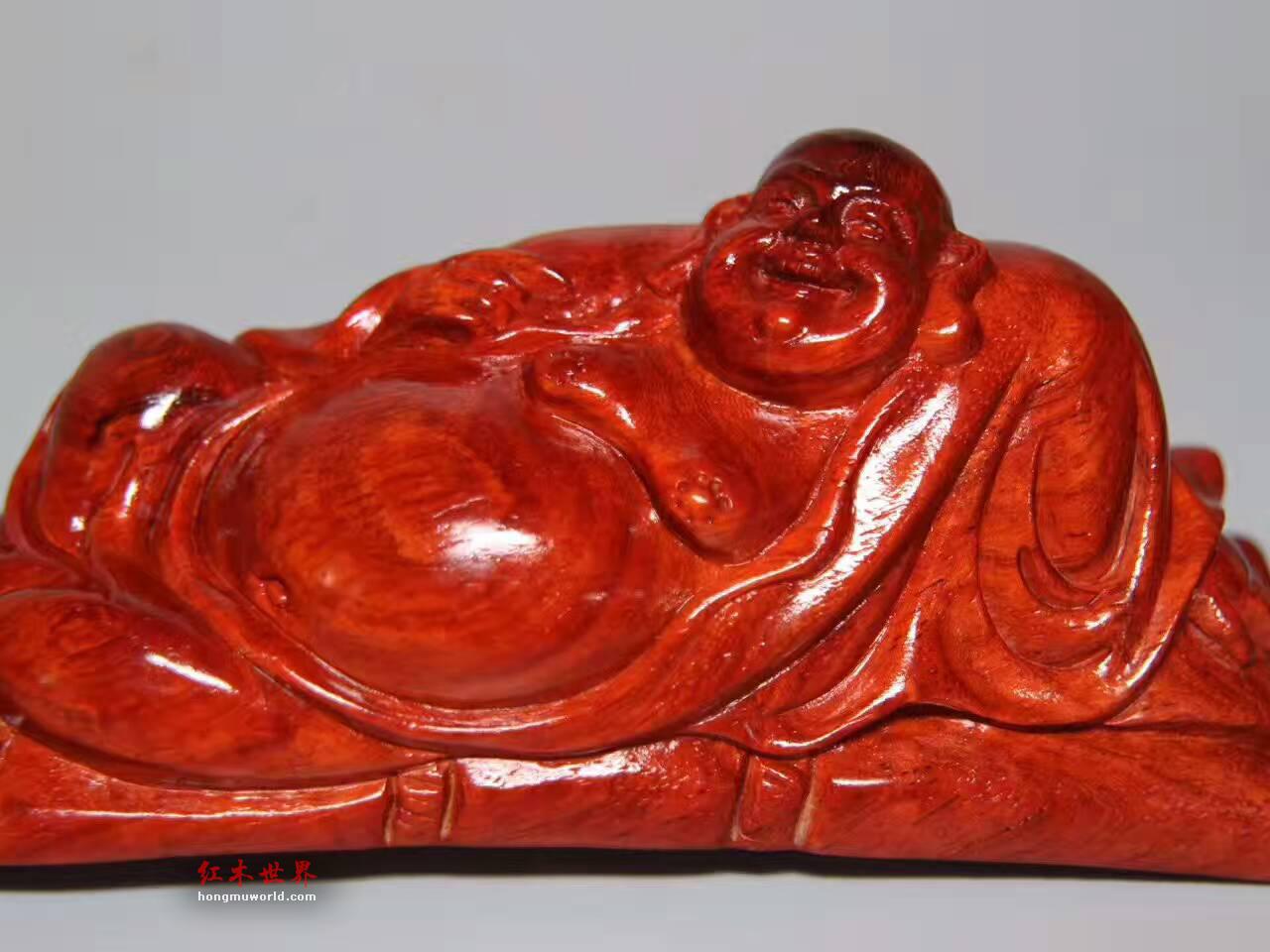 小叶紫檀精品小摆件《弥勒》可把玩泥料鸡血红高油密手工雕刻-9