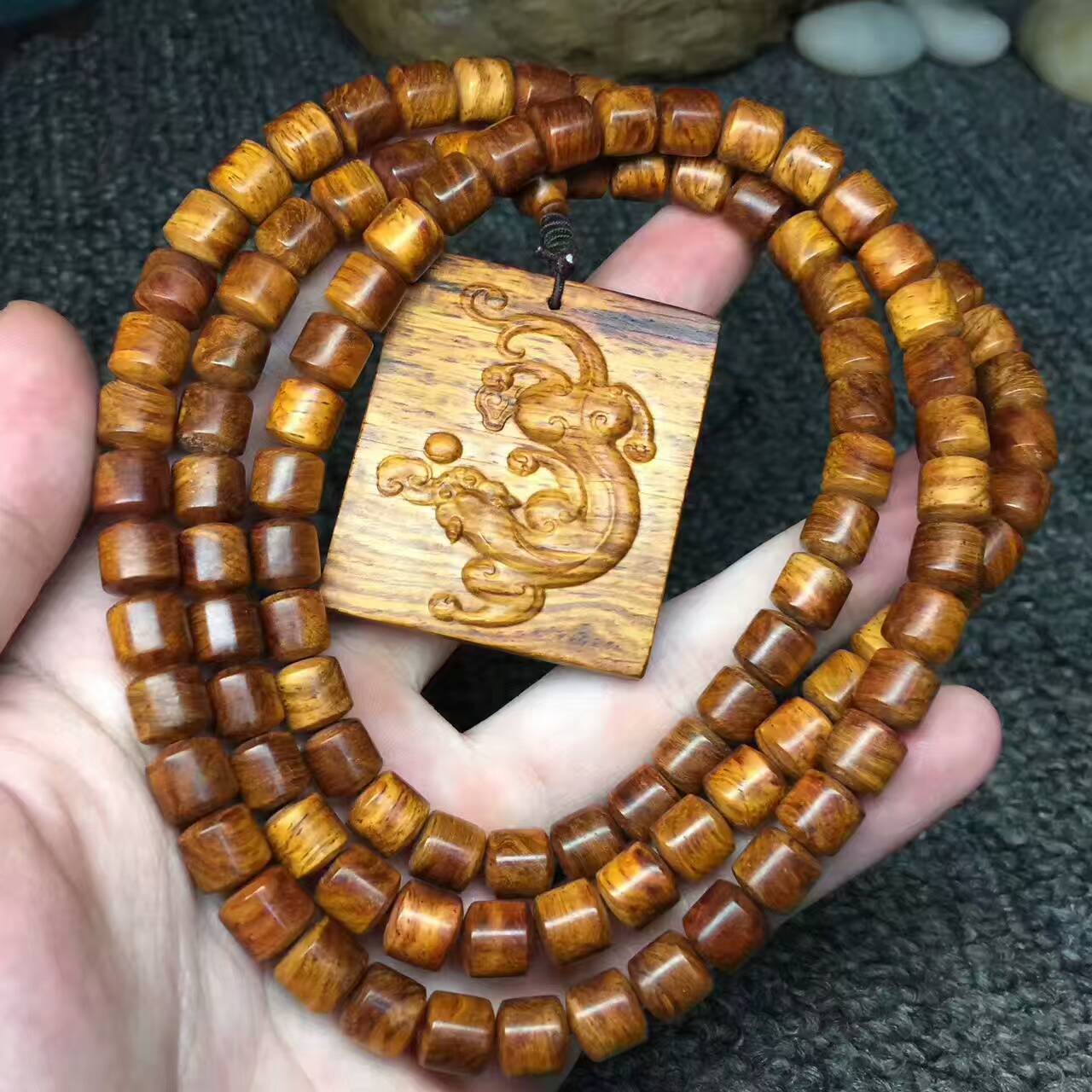 海南黄花梨槺梨8*8mm搭配仿古兽吊坠 虎皮纹降香味浓