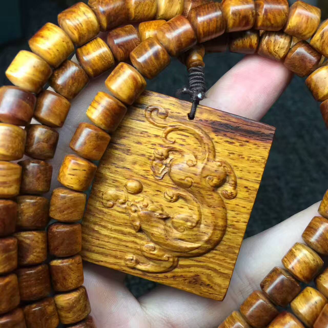 海南黄花梨槺梨8*8mm搭配仿古兽吊坠 虎皮纹降香味浓-1