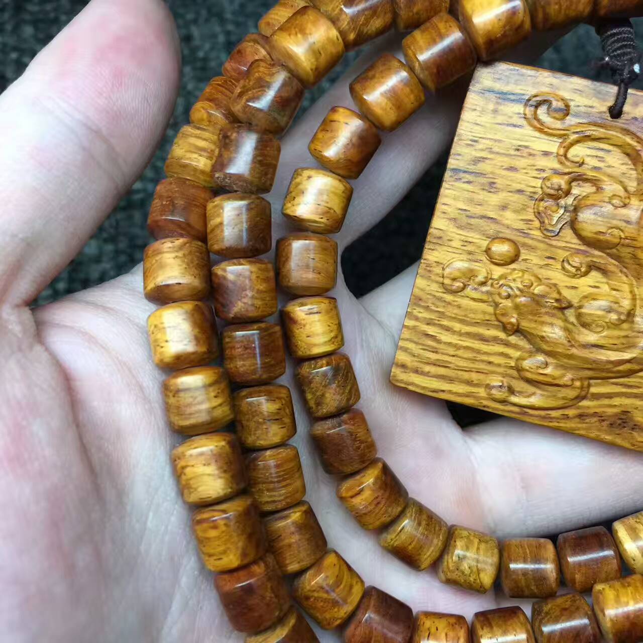 海南黄花梨槺梨8*8mm搭配仿古兽吊坠 虎皮纹降香味浓-2