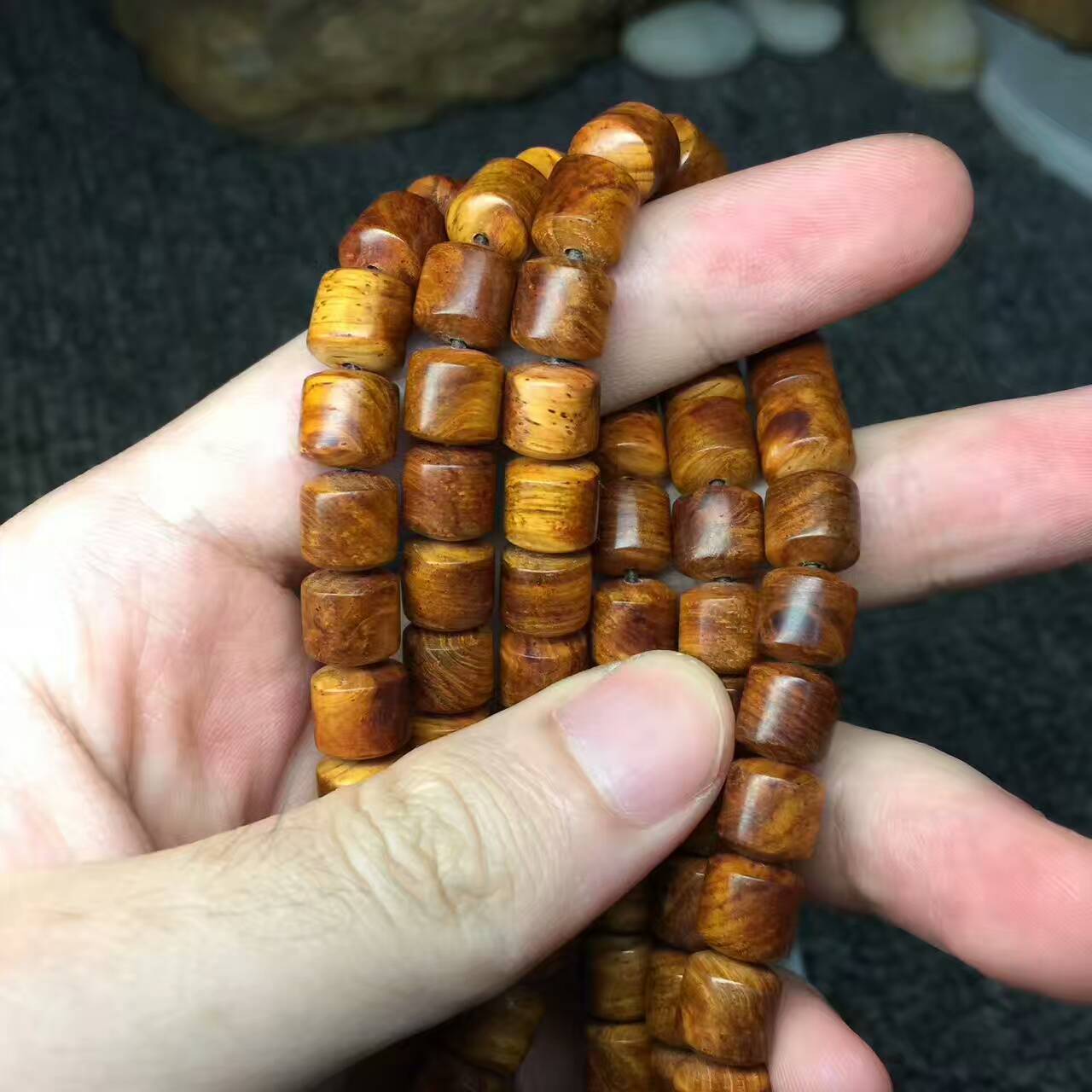 海南黄花梨槺梨8*8mm搭配仿古兽吊坠 虎皮纹降香味浓-6