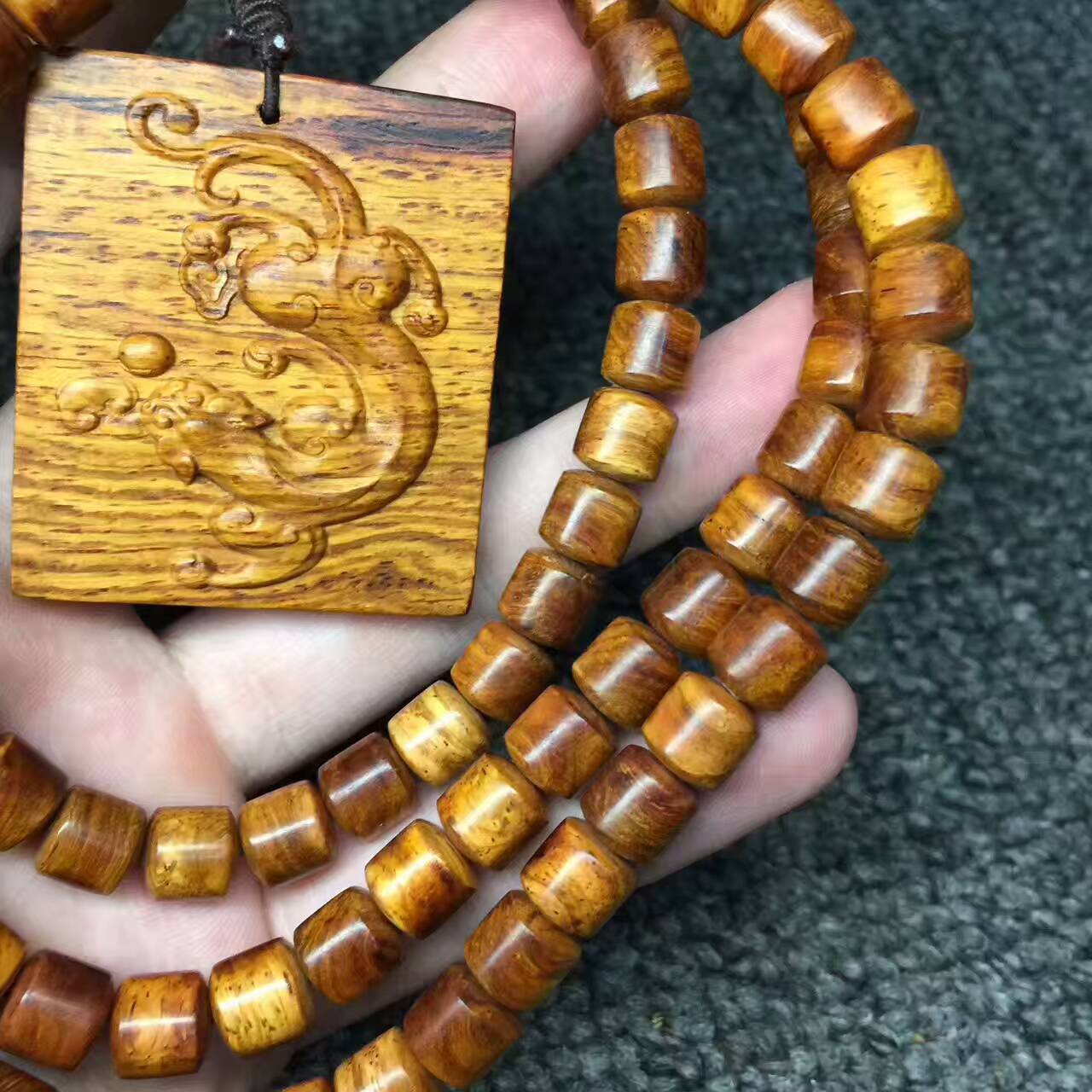 海南黄花梨槺梨8*8mm搭配仿古兽吊坠 虎皮纹降香味浓-5