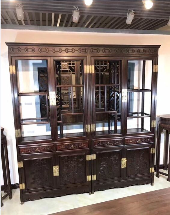 大红酸枝 雕梅兰竹菊酒柜