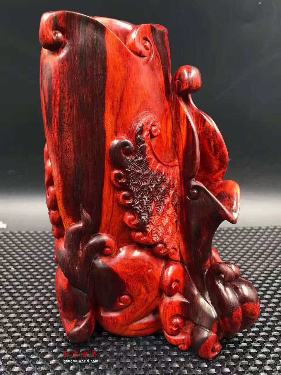 《左右逢源》笔筒 印度小叶紫檀高密度泥料雕刻-3