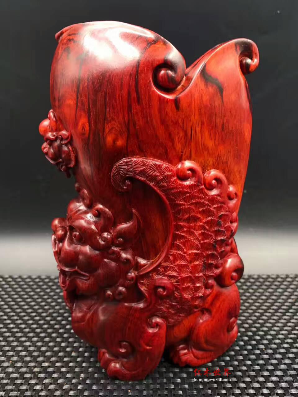 《左右逢源》笔筒 印度小叶紫檀高密度泥料雕刻-7