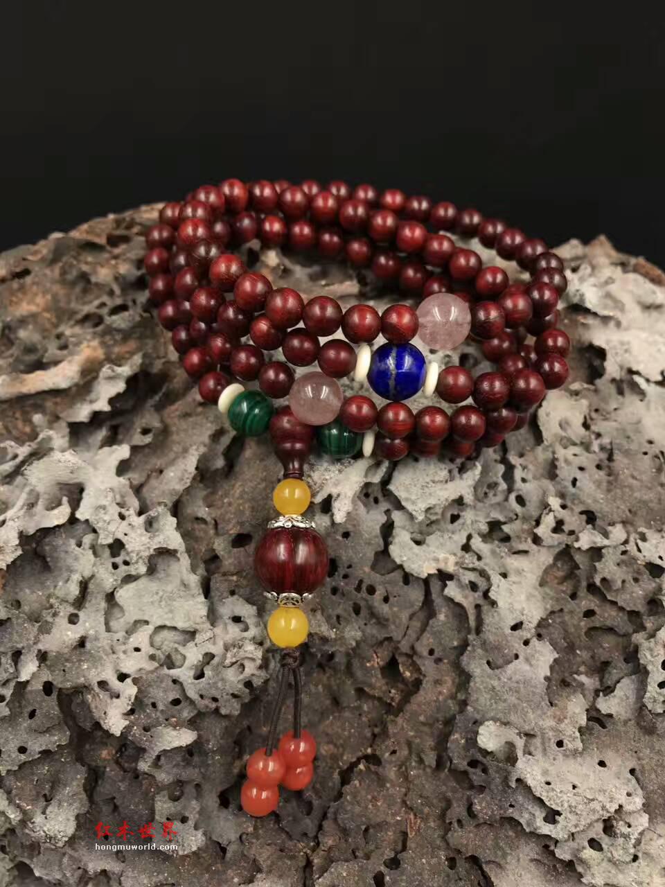 印度小叶紫檀0.6*108手串 高密度带金星搭配天然青金石孔雀石南红-1