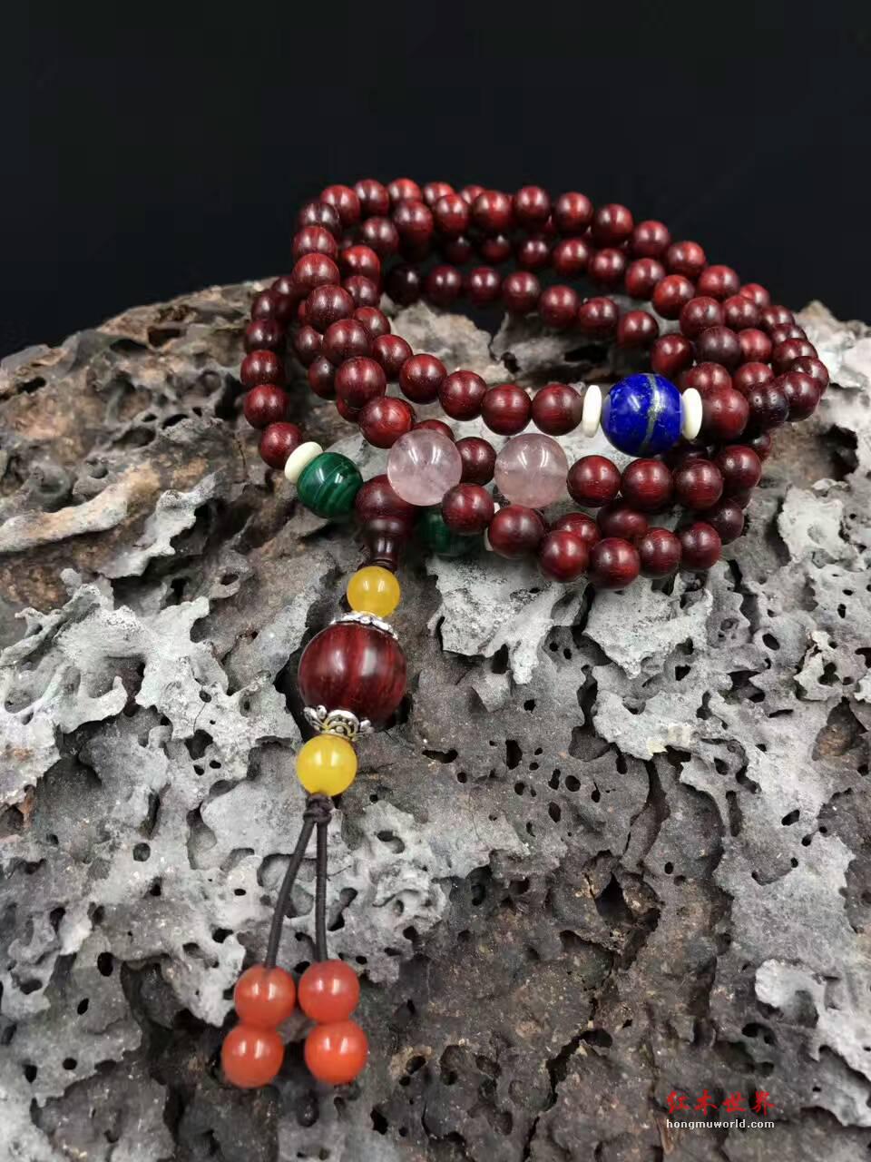 印度小叶紫檀0.6*108手串 高密度带金星搭配天然青金石孔雀石南红-4