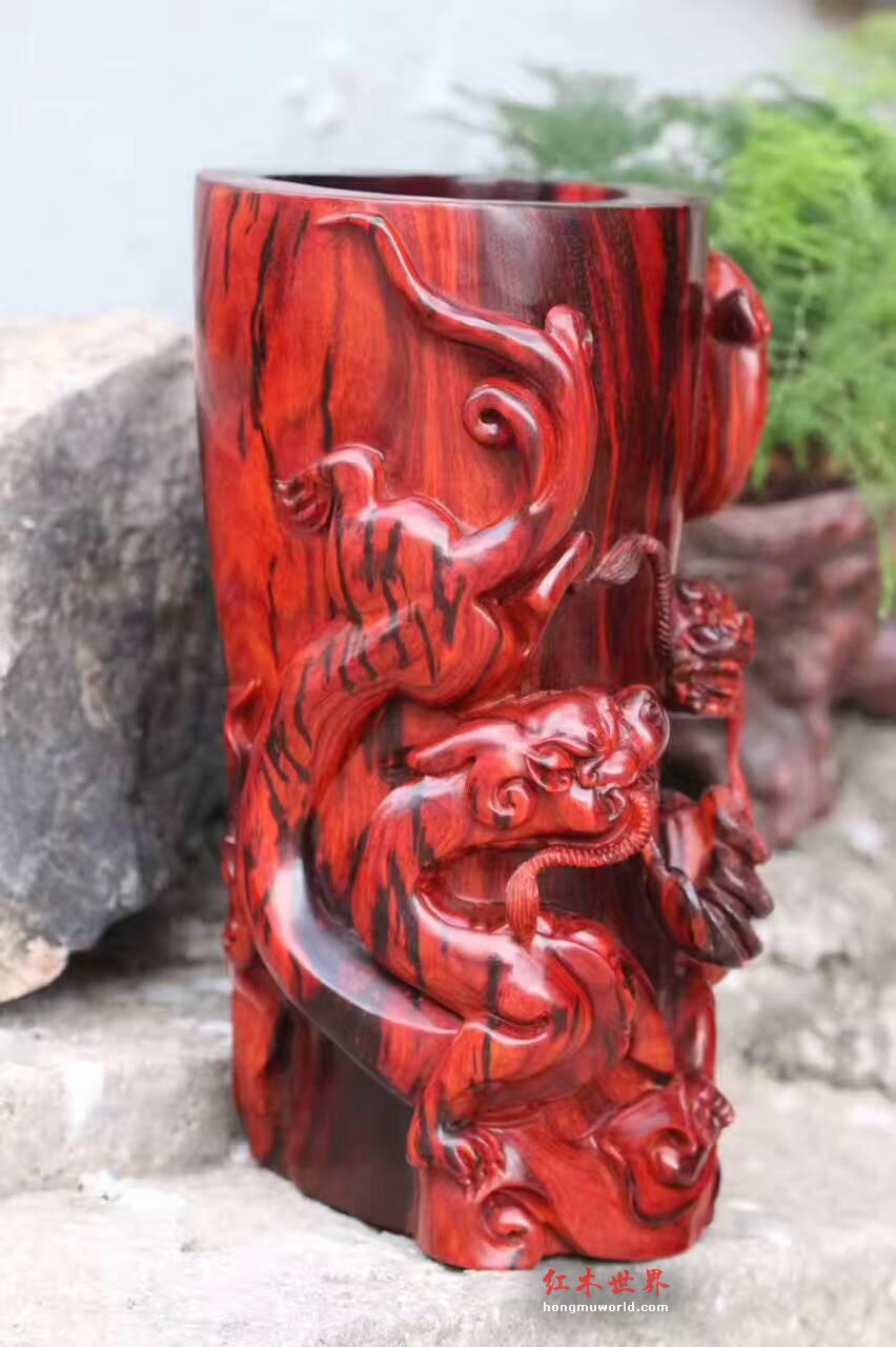 小叶紫檀草龙笔筒 精选火焰纹老呢料工艺精湛-2