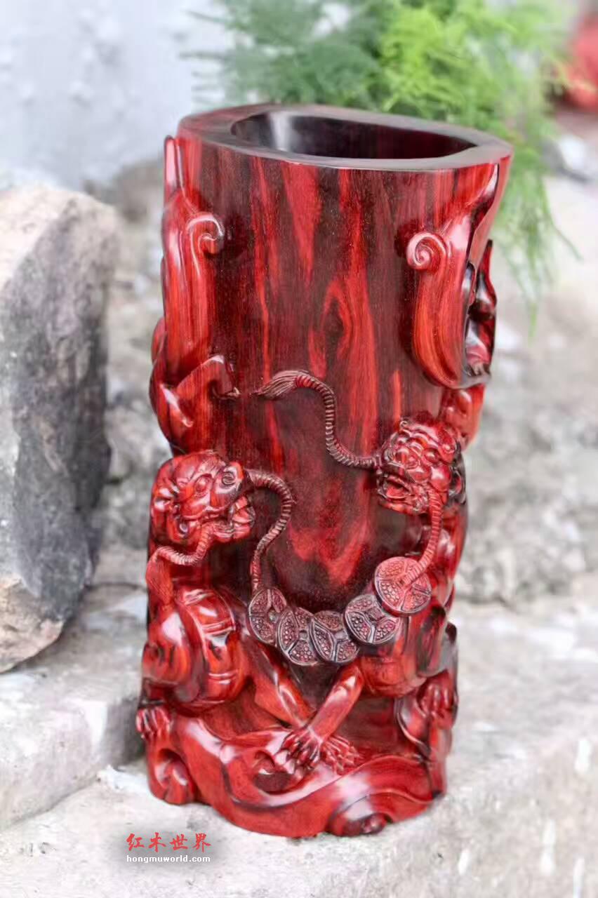 小叶紫檀草龙笔筒 精选火焰纹老呢料工艺精湛-4