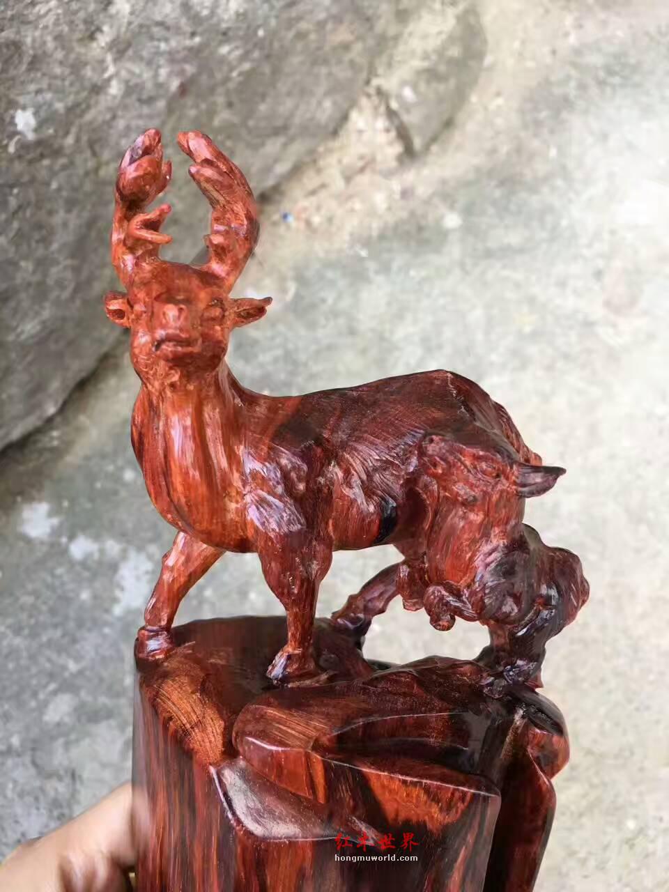 印度小叶紫檀笔筒双鹿寓意《路路通畅》-3