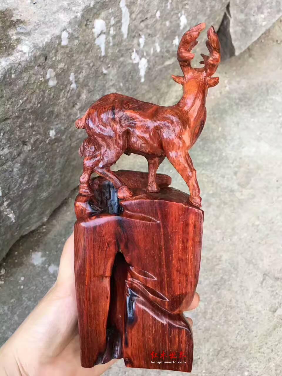 印度小叶紫檀笔筒双鹿寓意《路路通畅》-9