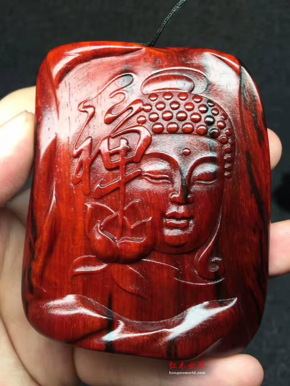 小叶紫檀《禅心 佛缘》手把件 鸡血红泥料-2