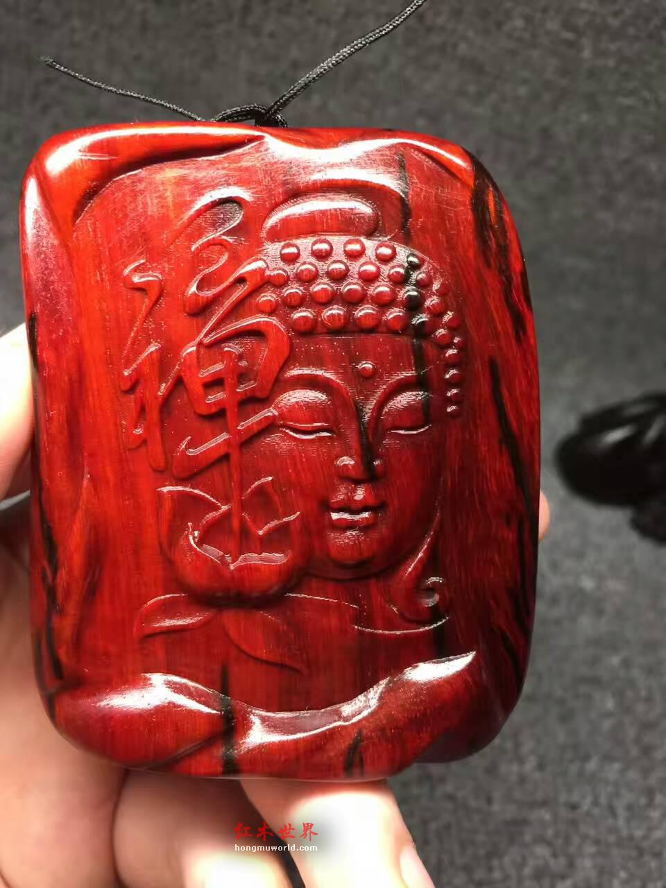 小叶紫檀《禅心 佛缘》手把件 鸡血红泥料-5