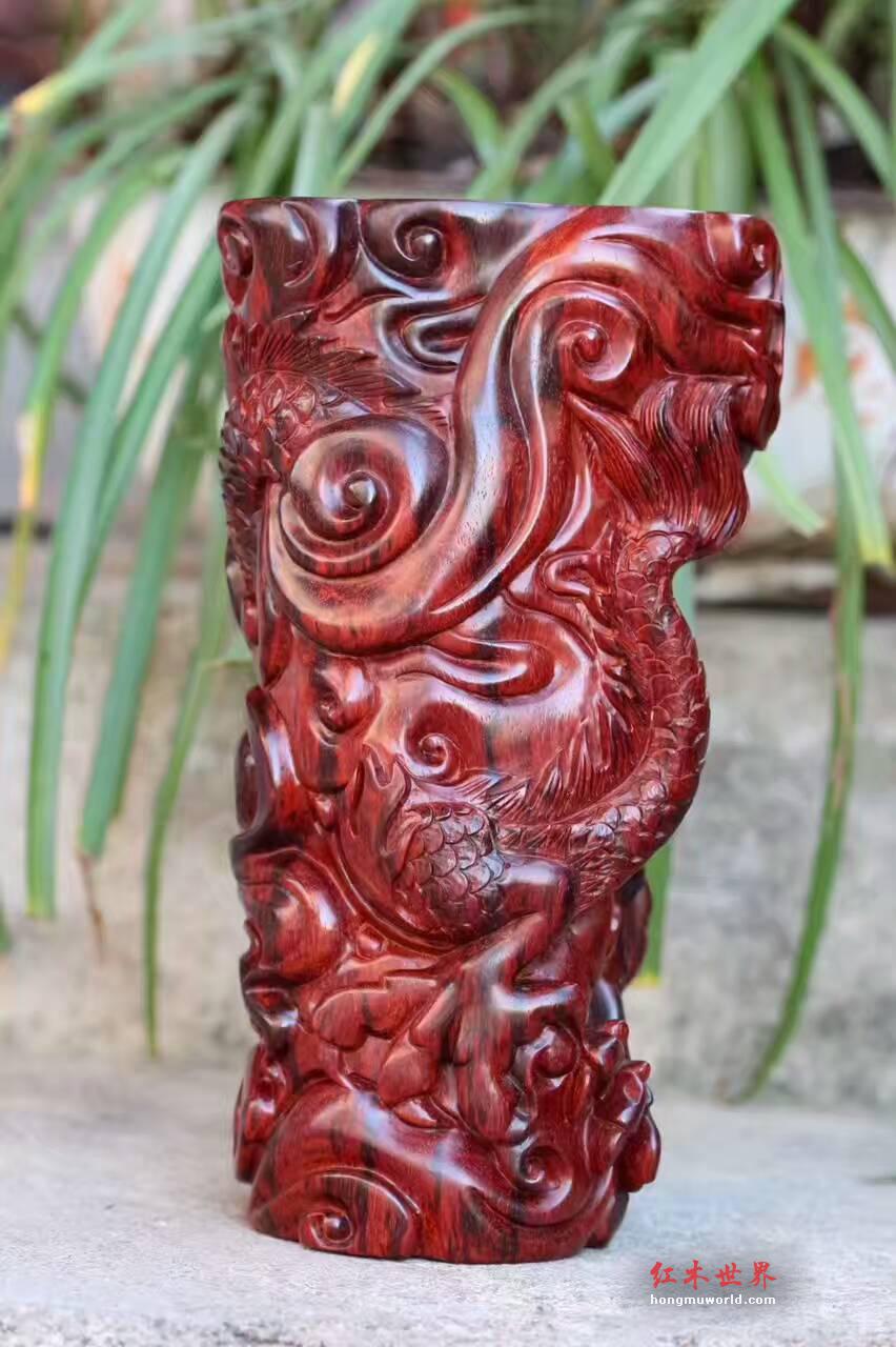 小紫叶檀笔筒《祥龙》野生老呢料选材材质细腻油性好-2