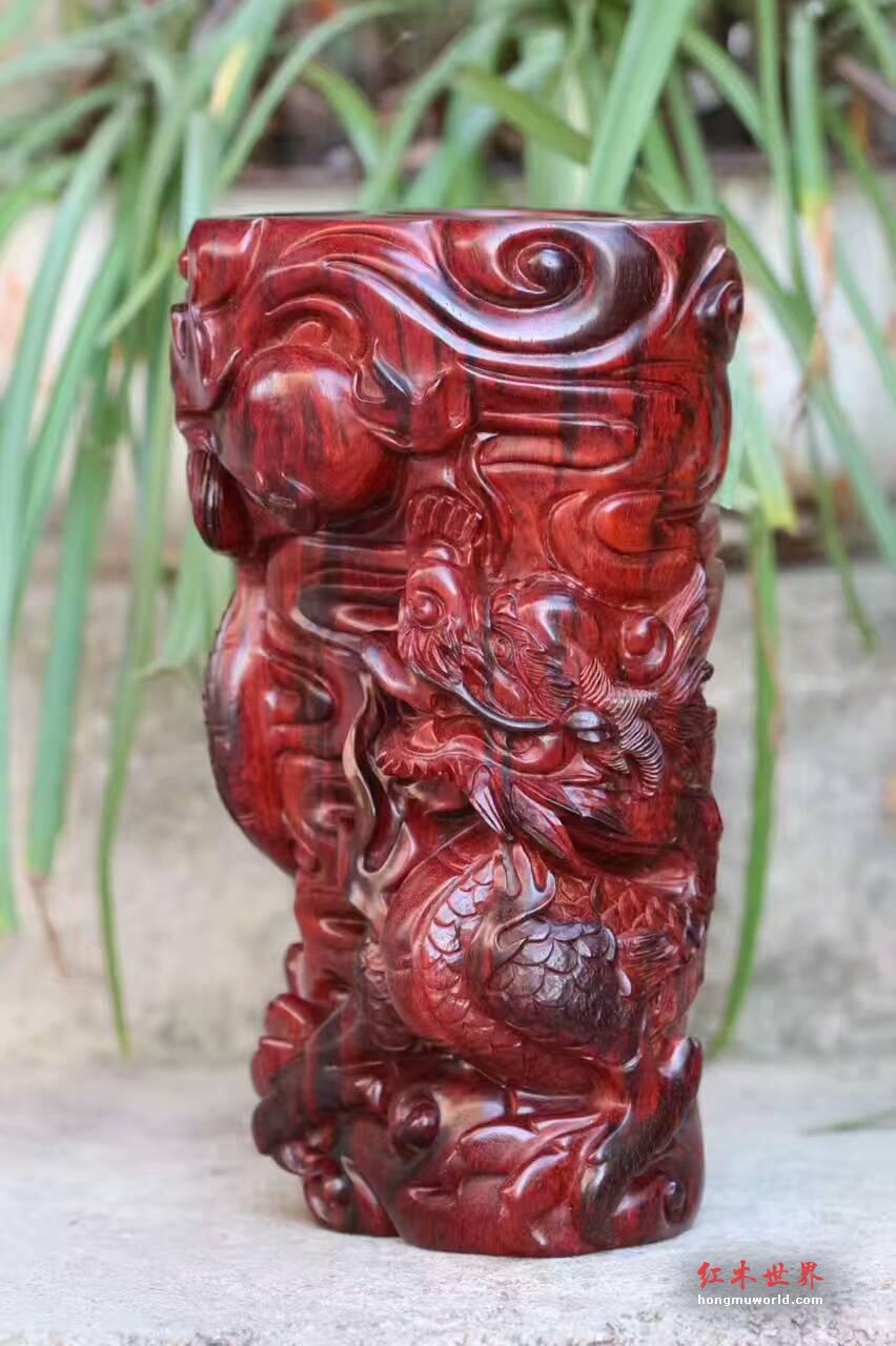 小紫叶檀笔筒《祥龙》野生老呢料选材材质细腻油性好-3
