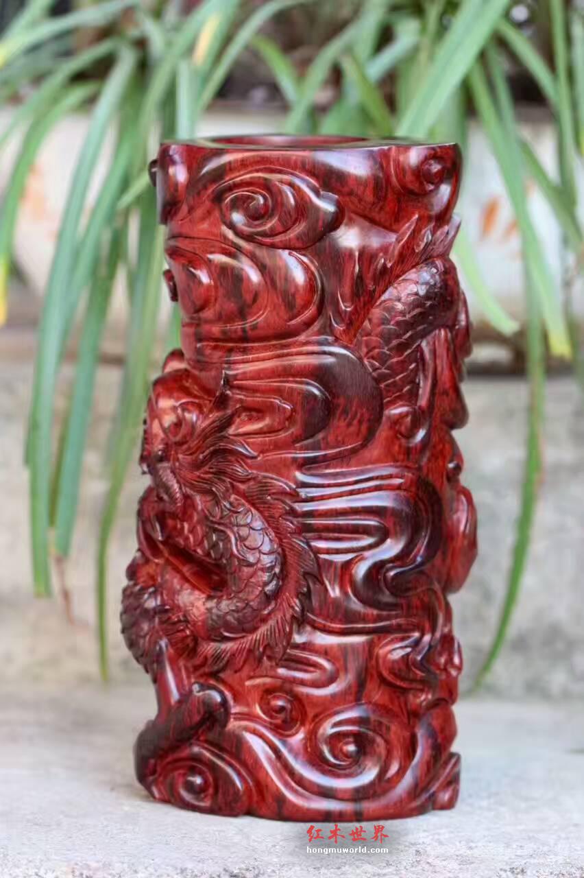 小紫叶檀笔筒《祥龙》野生老呢料选材材质细腻油性好-4