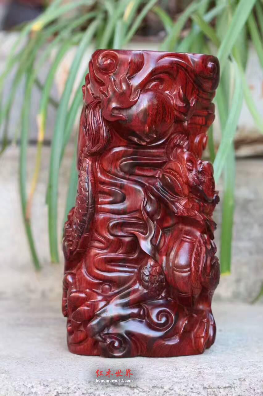 小紫叶檀笔筒《祥龙》野生老呢料选材材质细腻油性好-5