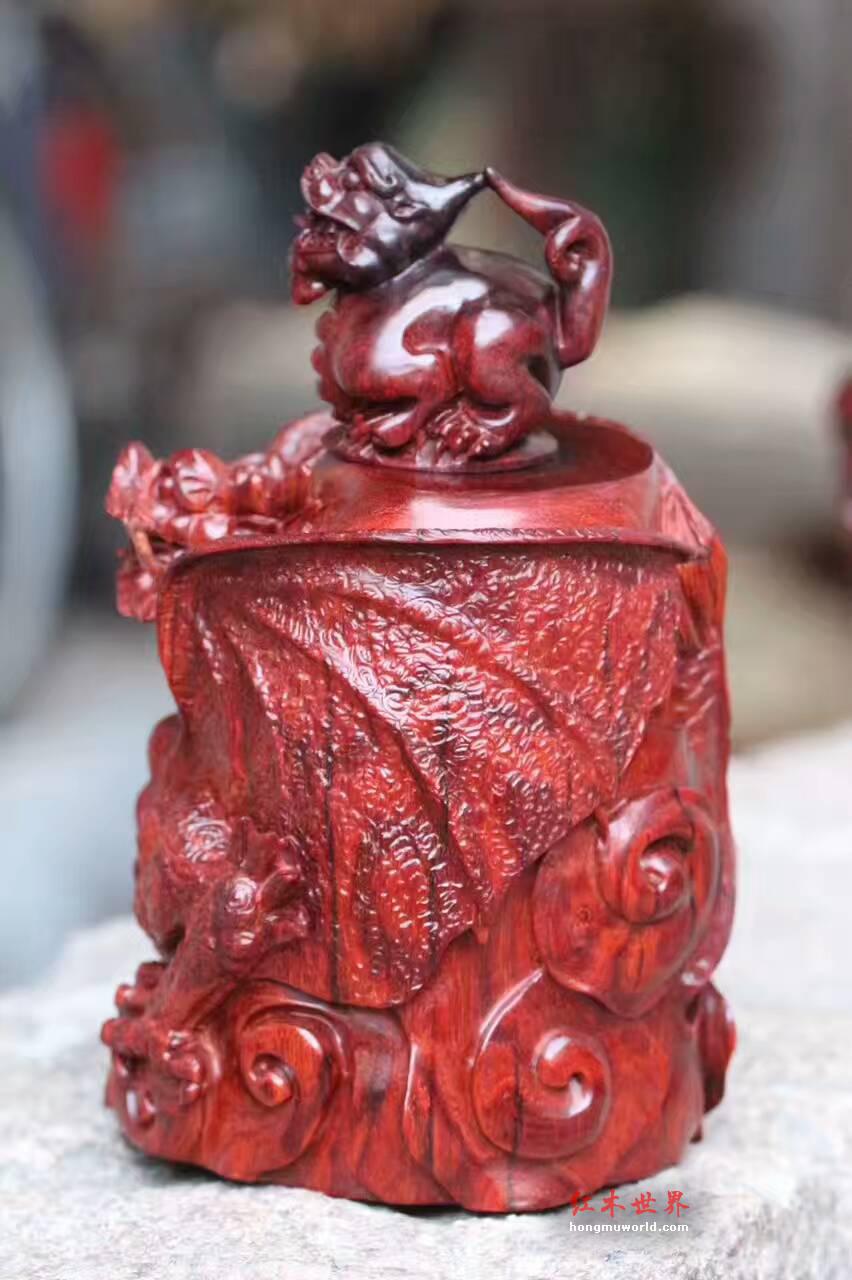 小叶紫檀貔貅壶 纯手工雕刻工艺精湛招财镇宅-2