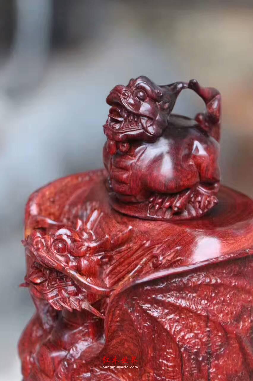 小叶紫檀貔貅壶 纯手工雕刻工艺精湛招财镇宅-6
