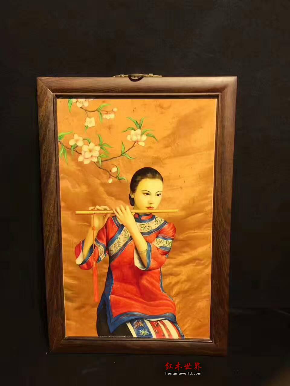 金丝楠木油画《美人吹箫》 栩栩如生色彩鲜明-2