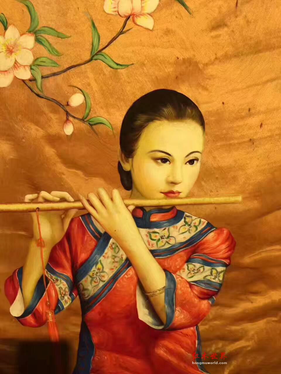 金丝楠木油画《美人吹箫》 栩栩如生色彩鲜明-1
