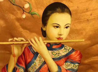 金丝楠木油画《美人吹箫》 栩栩如生色彩鲜明