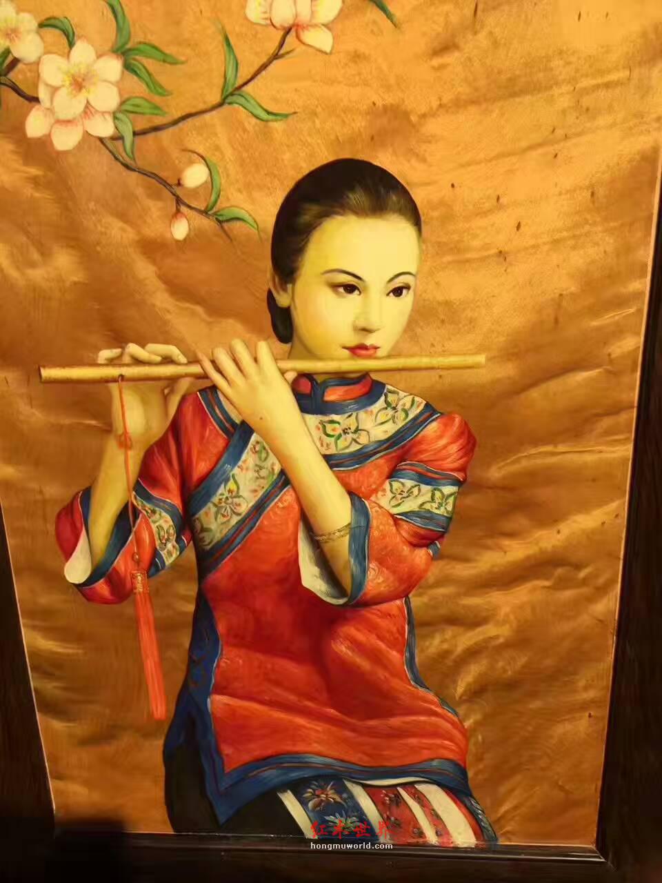 金丝楠木油画《美人吹箫》 栩栩如生色彩鲜明-5