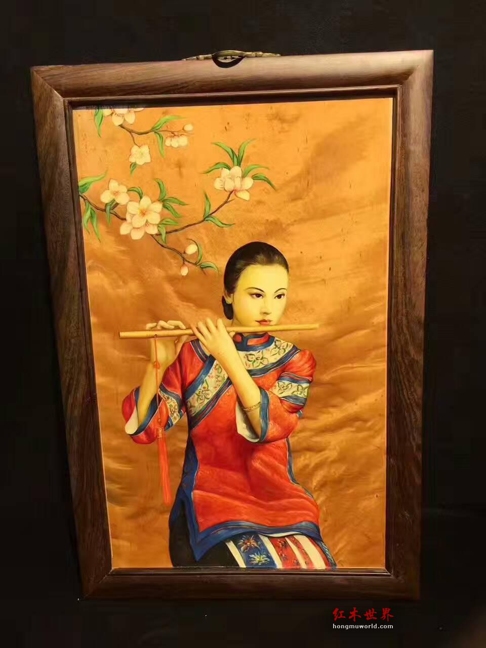 金丝楠木油画《美人吹箫》 栩栩如生色彩鲜明-4