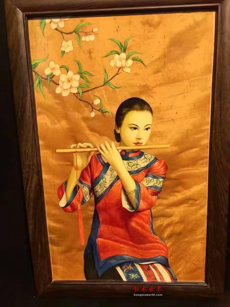 金丝楠木油画《美人吹箫》 栩栩如生色彩鲜明-8