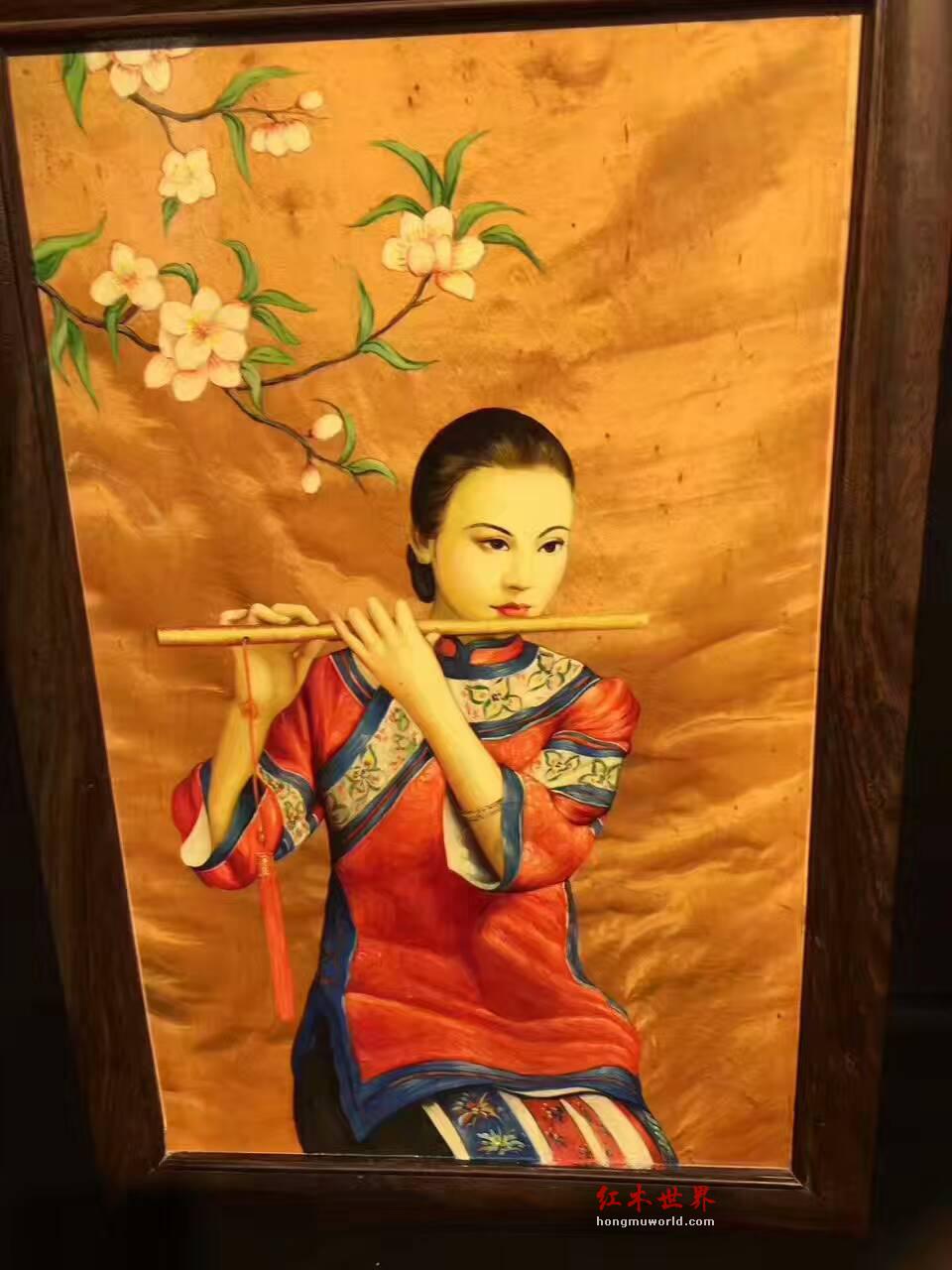 金丝楠木油画《美人吹箫》 栩栩如生色彩鲜明-7