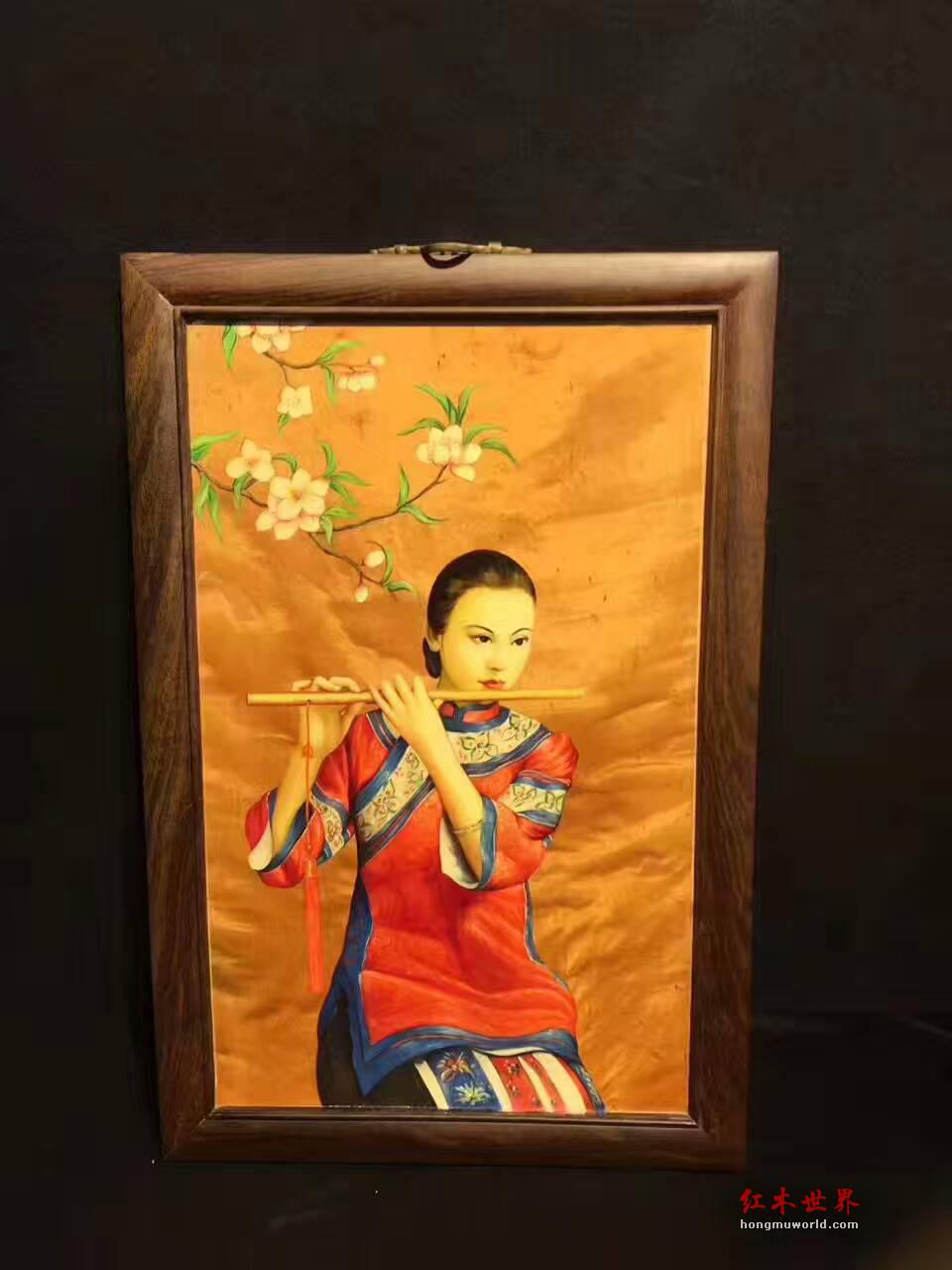 金丝楠木油画《美人吹箫》 栩栩如生色彩鲜明-9