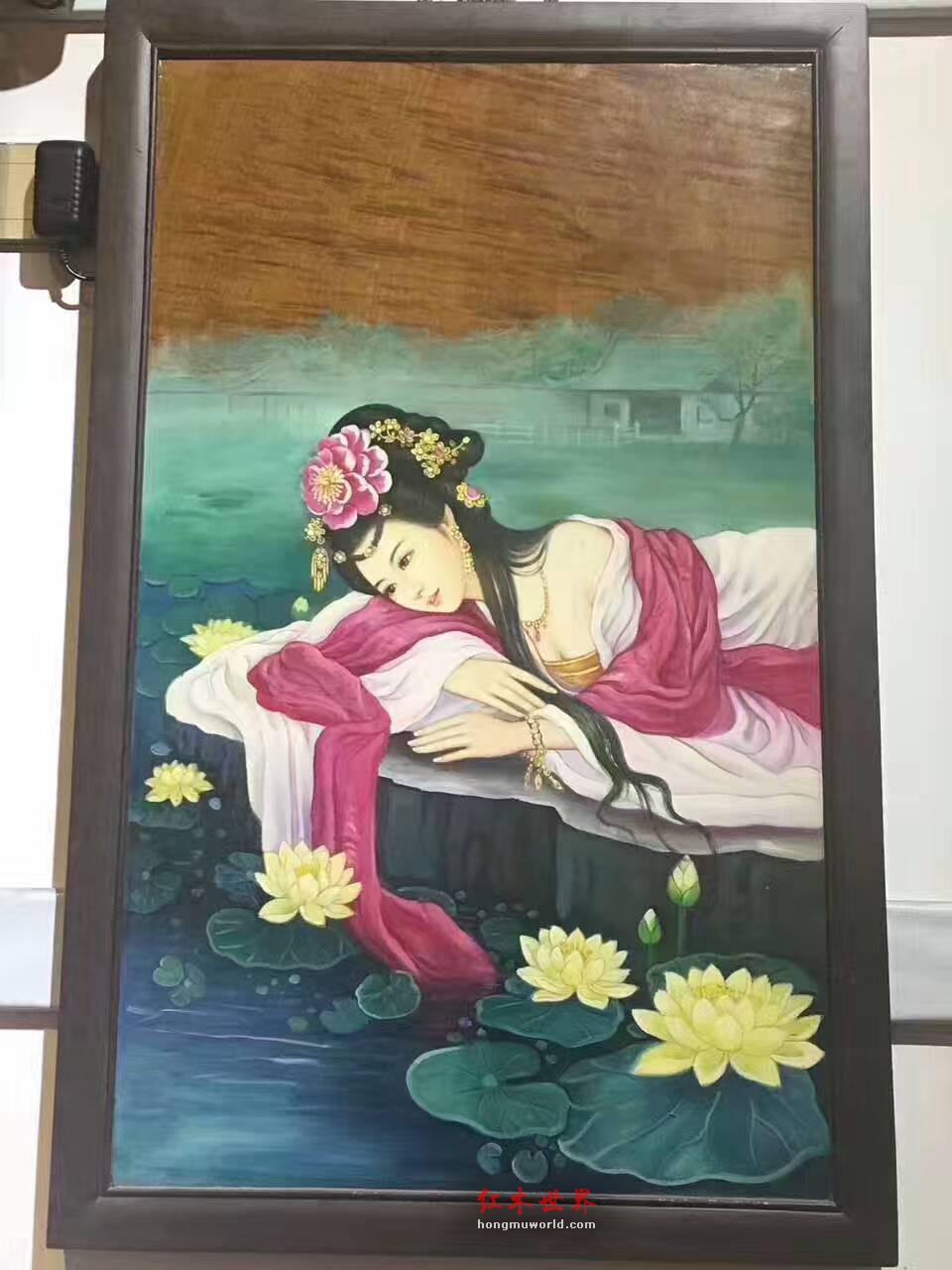 金丝楠木油画《美人图》 色泽鲜艳美人动情-1