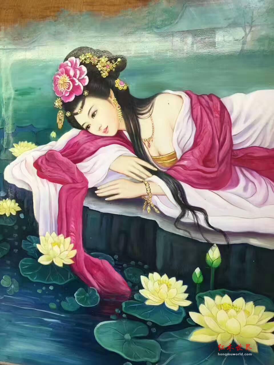 金丝楠木油画《美人图》 色泽鲜艳美人动情-2