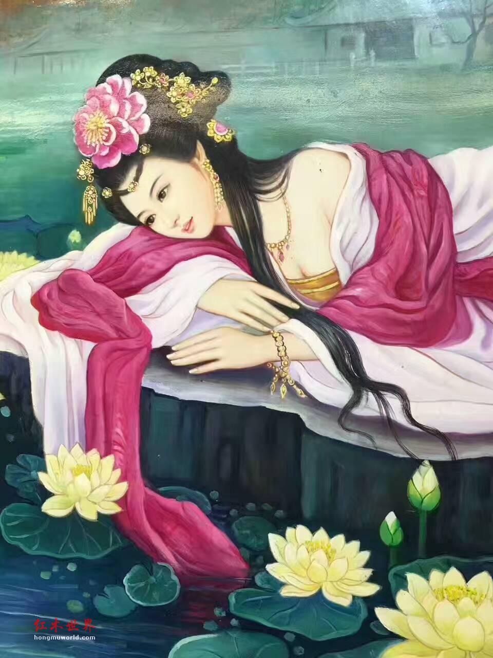 金丝楠木油画《美人图》 色泽鲜艳美人动情-4