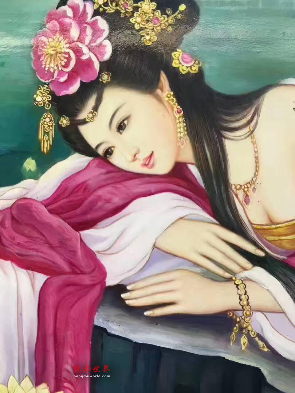 金丝楠木油画《美人图》 色泽鲜艳美人动情-5
