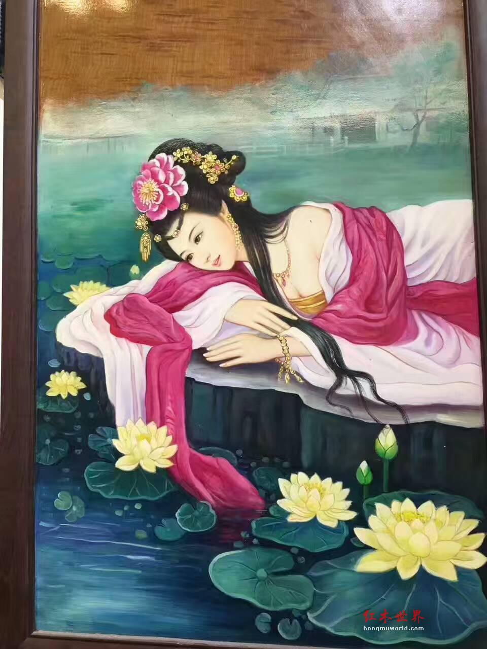 金丝楠木油画《美人图》 色泽鲜艳美人动情-7